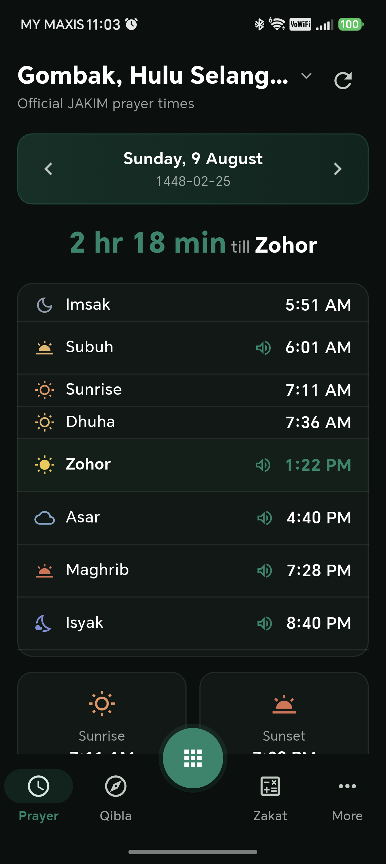Prayer times screen
